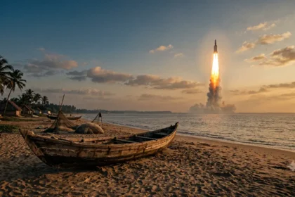 A rustic wooden fishing boat rests on a South Indian sandy beach at sunrise as a rocket ascends into the golden morning sky in the background.