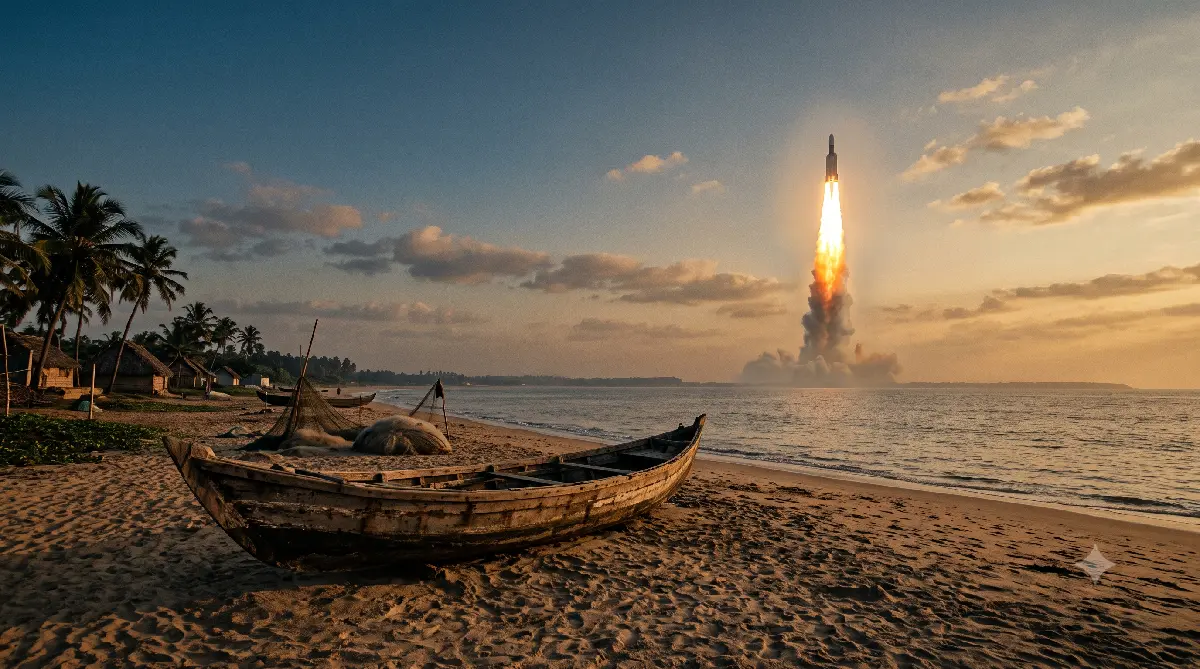 A rustic wooden fishing boat rests on a South Indian sandy beach at sunrise as a rocket ascends into the golden morning sky in the background.